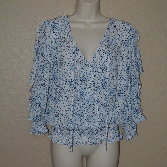 NWT $352 Sz XS Parker Blue White Spring Scatters 3/4 Sleeve Blouse - Picture 1 of 6